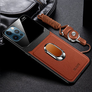 Shockproof PU Leather Tempered Glass With Stand Case for iPhone Series