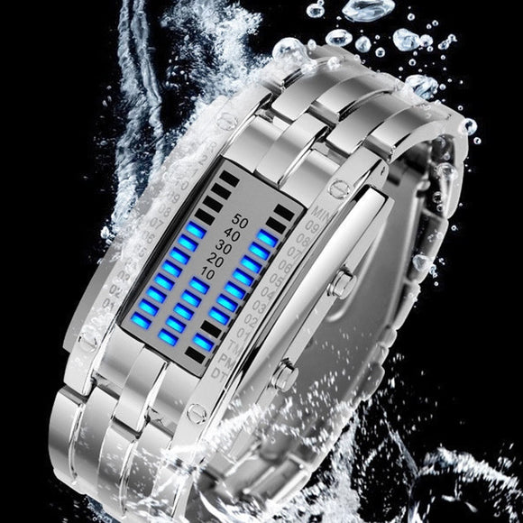 Stainless Steel Blue Binary Luminous LED Electronic Watch