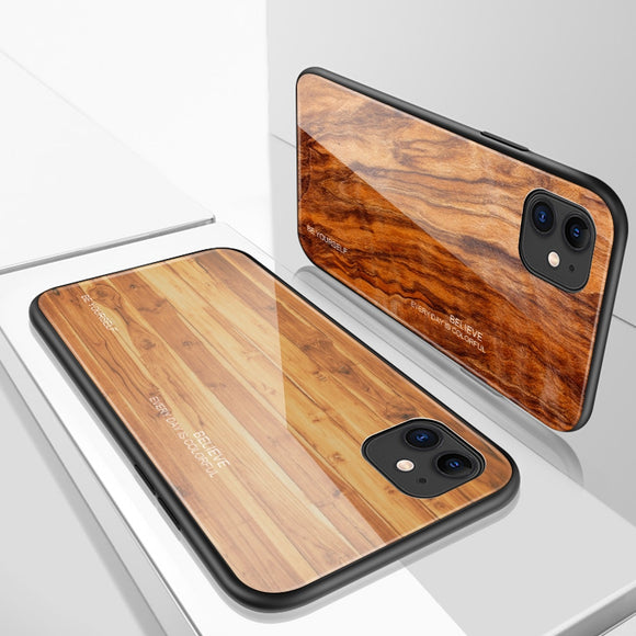 Luxury Wood Grain Tempered Glass Case For iPhone